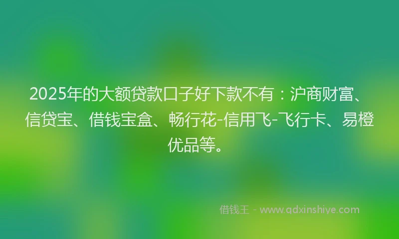 2025年的大额贷款口子好下款不有：沪商财富、信贷宝、借钱宝盒、畅行花-信用飞-飞行卡、易橙优品等。