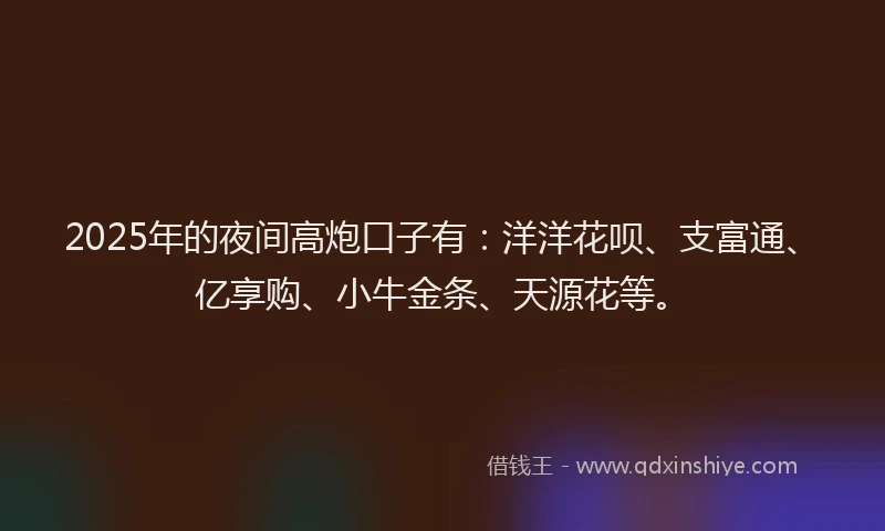 2025年的夜间高炮口子有：洋洋花呗、支富通、亿享购、小牛金条、天源花等。