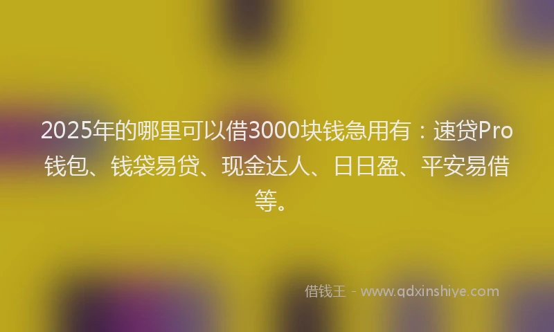 2025年的哪里可以借3000块钱急用有：速贷Pro钱包、钱袋易贷、现金达人、日日盈、平安易借等。