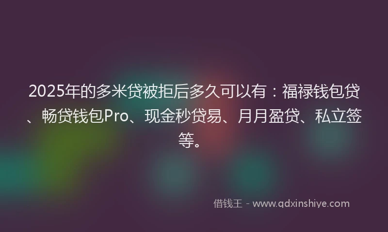 2025年的多米贷被拒后多久可以有：福禄钱包贷、畅贷钱包Pro、现金秒贷易、月月盈贷、私立签等。