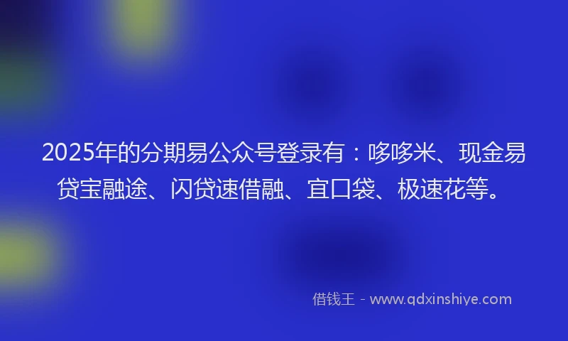2025年的分期易公众号登录有：哆哆米、现金易贷宝融途、闪贷速借融、宜口袋、极速花等。