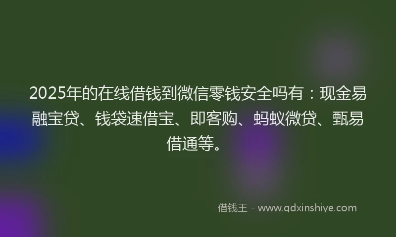 2025年的在线借钱到微信零钱安全吗有：现金易融宝贷、钱袋速借宝、即客购、蚂蚁微贷、甄易借通等。