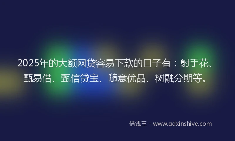 2025年的大额网贷容易下款的口子有：射手花、甄易借、甄信贷宝、随意优品、树融分期等。
