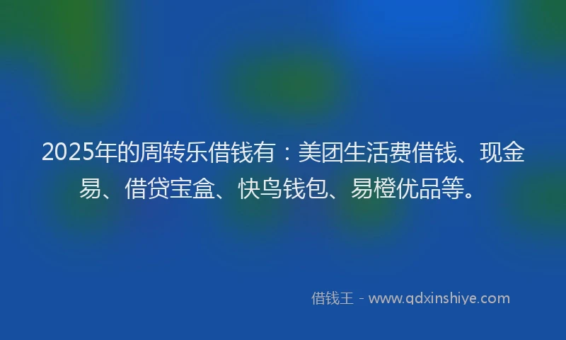 2025年的周转乐借钱有：美团生活费借钱、现金易、借贷宝盒、快鸟钱包、易橙优品等。