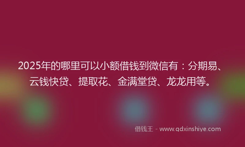2025年的哪里可以小额借钱到微信有：分期易、云钱快贷、提取花、金满堂贷、龙龙用等。