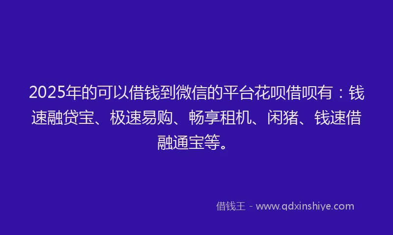 2025年的可以借钱到微信的平台花呗借呗有：钱速融贷宝、极速易购、畅享租机、闲猪、钱速借融通宝等。