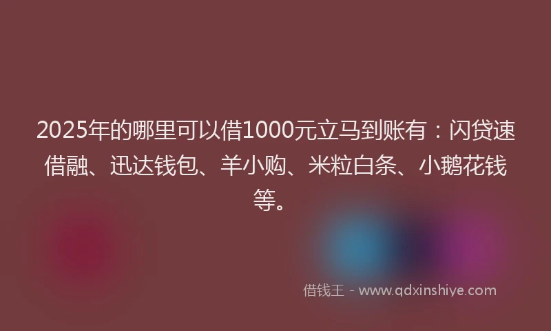 2025年的哪里可以借1000元立马到账有：闪贷速借融、迅达钱包、羊小购、米粒白条、小鹅花钱等。