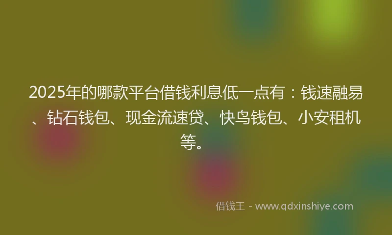 2025年的哪款平台借钱利息低一点有：钱速融易、钻石钱包、现金流速贷、快鸟钱包、小安租机等。