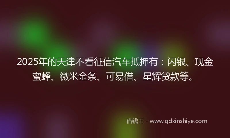 2025年的天津不看征信汽车抵押有：闪银、现金蜜蜂、微米金条、可易借、星辉贷款等。