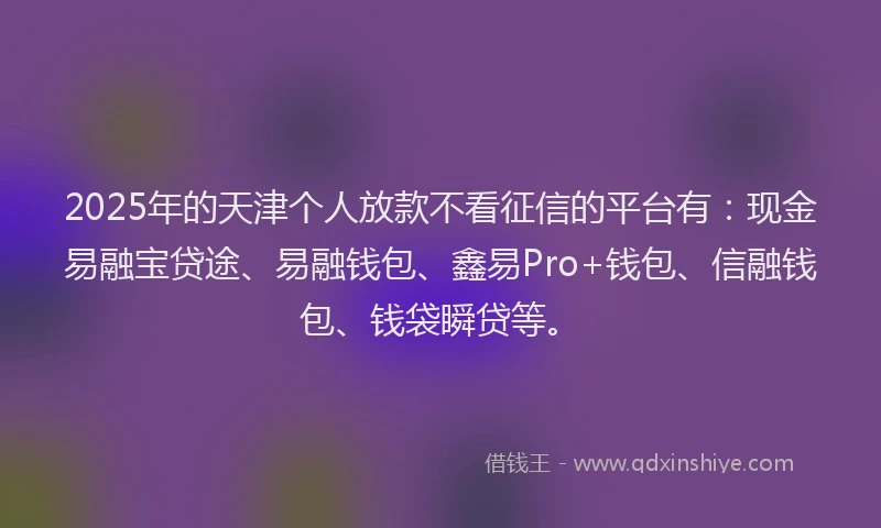 2025年的天津个人放款不看征信的平台有：现金易融宝贷途、易融钱包、鑫易Pro+钱包、信融钱包、钱袋瞬贷等。