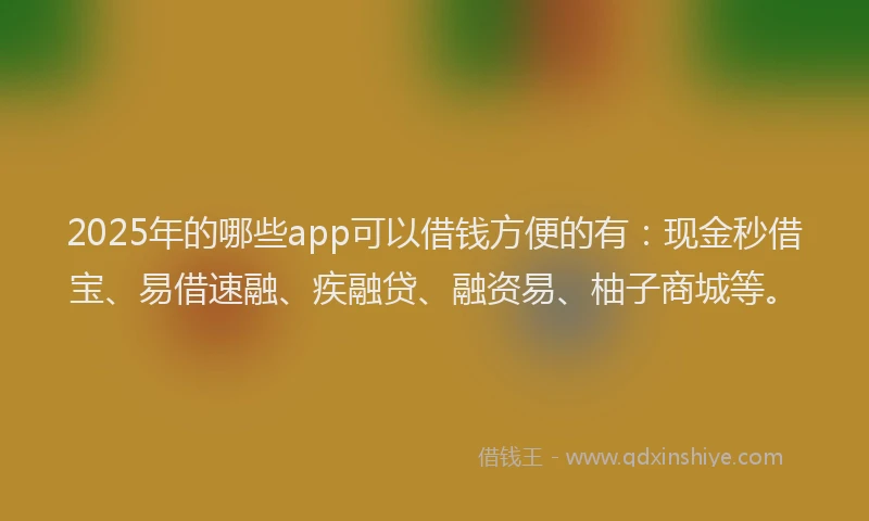 2025年的哪些app可以借钱方便的有：现金秒借宝、易借速融、疾融贷、融资易、柚子商城等。
