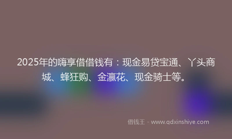 2025年的嗨享借借钱有：现金易贷宝通、丫头商城、蜂狂购、金瀛花、现金骑士等。