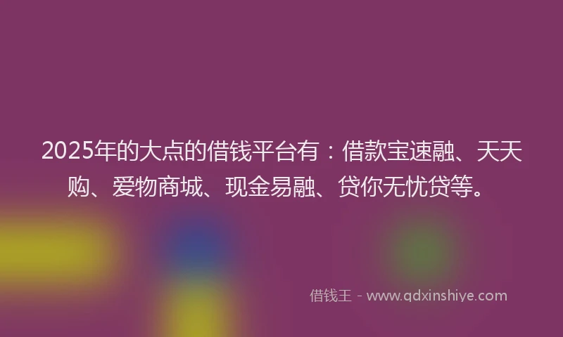 2025年的大点的借钱平台有：借款宝速融、天天购、爱物商城、现金易融、贷你无忧贷等。