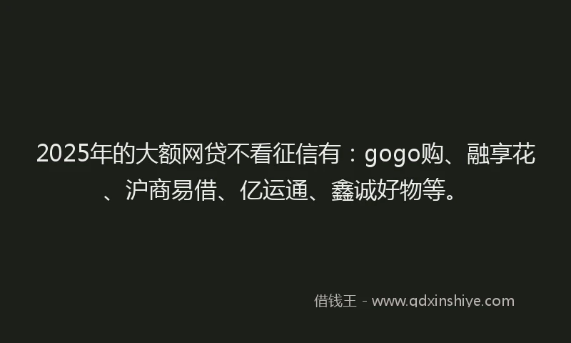 2025年的大额网贷不看征信有：gogo购、融享花、沪商易借、亿运通、鑫诚好物等。