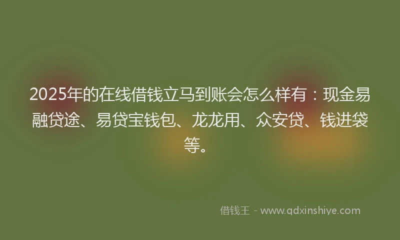 2025年的在线借钱立马到账会怎么样有：现金易融贷途、易贷宝钱包、龙龙用、众安贷、钱进袋等。