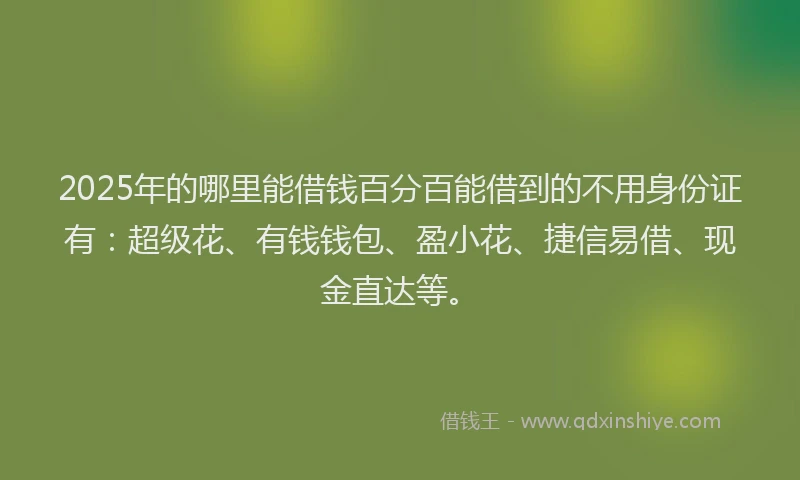 2025年的哪里能借钱百分百能借到的不用身份证有：超级花、有钱钱包、盈小花、捷信易借、现金直达等。