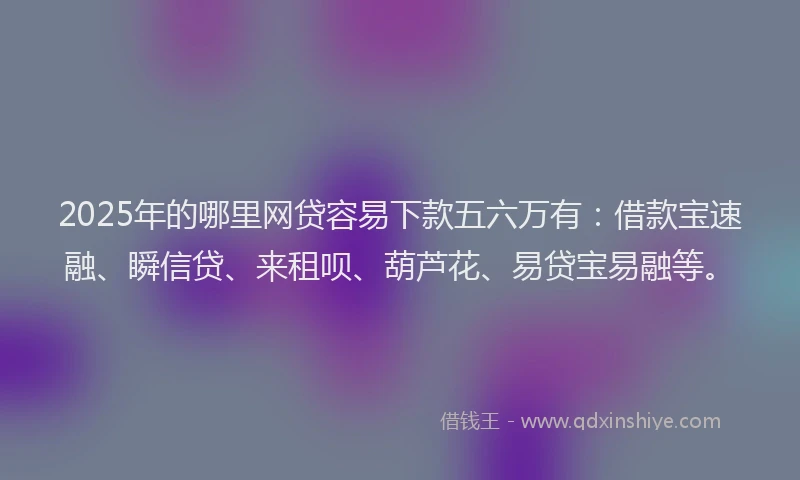 2025年的哪里网贷容易下款五六万有：借款宝速融、瞬信贷、来租呗、葫芦花、易贷宝易融等。