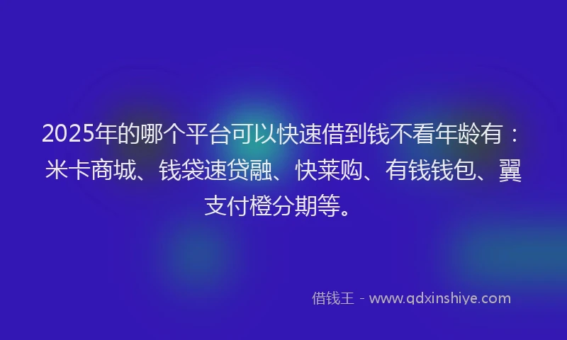 2025年的哪个平台可以快速借到钱不看年龄有：米卡商城、钱袋速贷融、快莱购、有钱钱包、翼支付橙分期等。