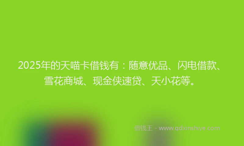 2025年的天喵卡借钱有：随意优品、闪电借款、雪花商城、现金侠速贷、天小花等。