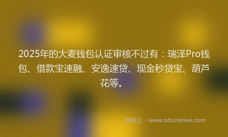 2025年的大麦钱包认证审核不过有：瑞泽Pro钱包、借款宝速融、安逸速贷、现金秒贷宝、葫芦花等。