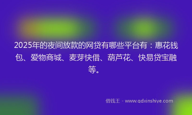 2025年的夜间放款的网贷有哪些平台有：惠花钱包、爱物商城、麦芽快借、葫芦花、快易贷宝融等。