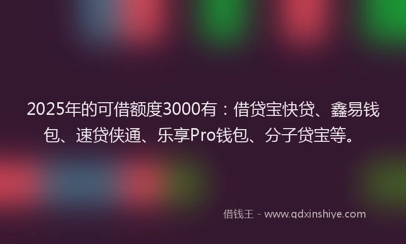 2025年的可借额度3000有：借贷宝快贷、鑫易钱包、速贷侠通、乐享Pro钱包、分子贷宝等。