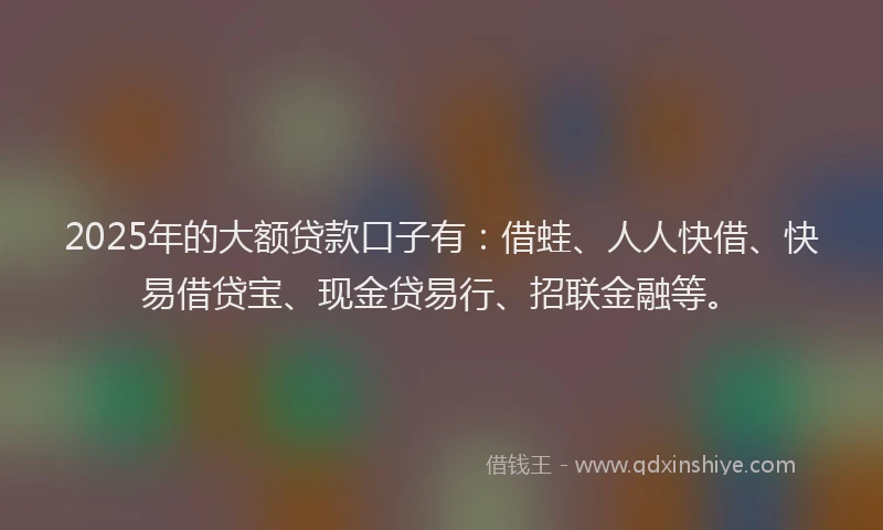 2025年的大额贷款口子有：借蛙、人人快借、快易借贷宝、现金贷易行、招联金融等。