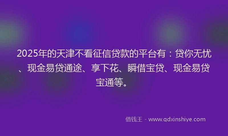 2025年的天津不看征信贷款的平台有：贷你无忧、现金易贷通途、享下花、瞬借宝贷、现金易贷宝通等。