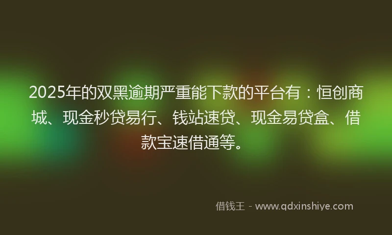 2025年的双黑逾期严重能下款的平台有：恒创商城、现金秒贷易行、钱站速贷、现金易贷盒、借款宝速借通等。