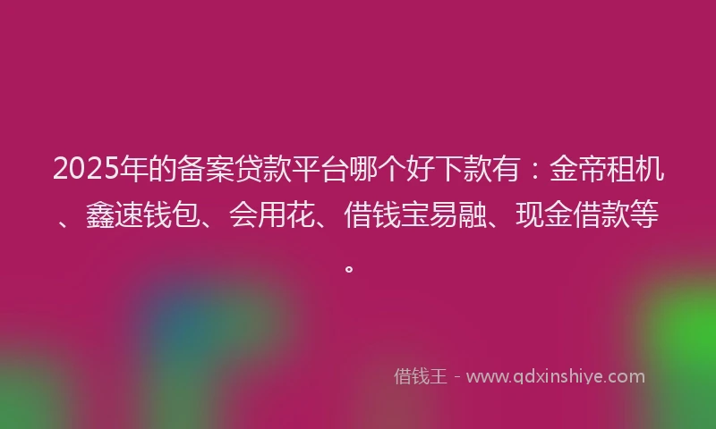 2025年的备案贷款平台哪个好下款有：金帝租机、鑫速钱包、会用花、借钱宝易融、现金借款等。