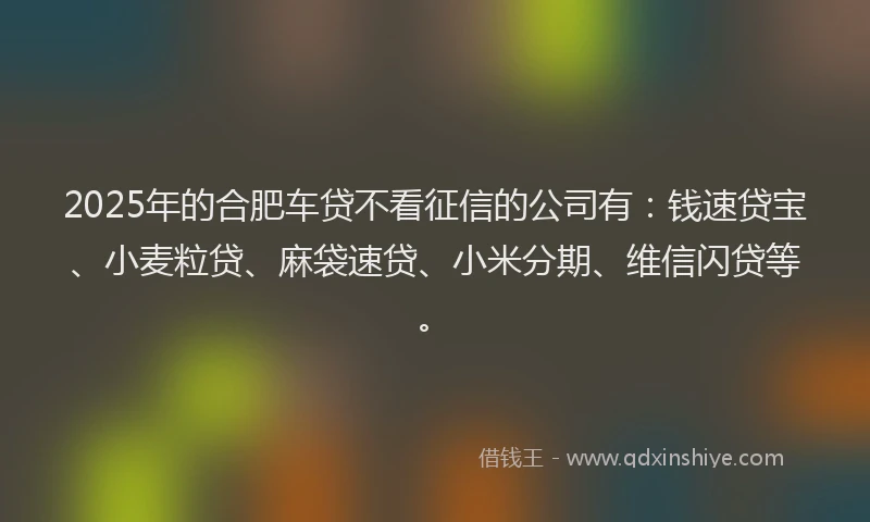2025年的合肥车贷不看征信的公司有：钱速贷宝、小麦粒贷、麻袋速贷、小米分期、维信闪贷等。