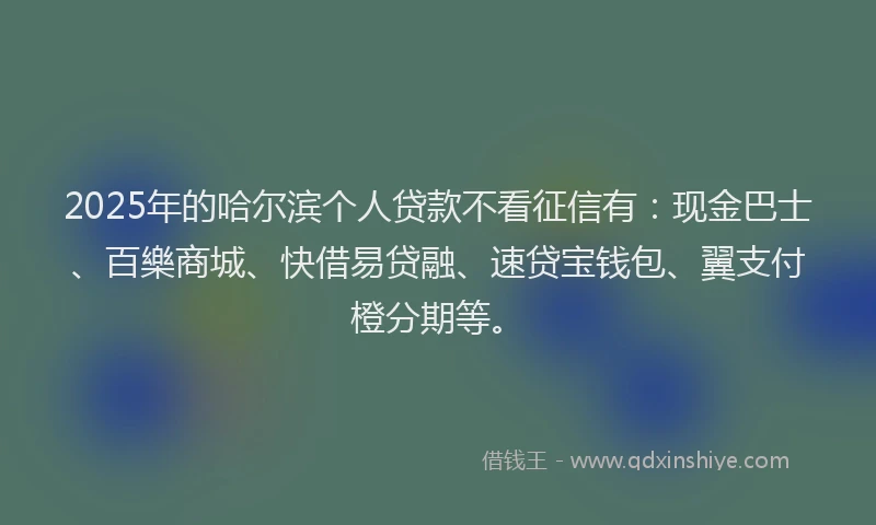 2025年的哈尔滨个人贷款不看征信有：现金巴士、百樂商城、快借易贷融、速贷宝钱包、翼支付橙分期等。