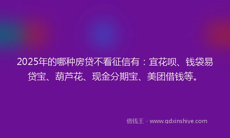2025年的哪种房贷不看征信有：宜花呗、钱袋易贷宝、葫芦花、现金分期宝、美团借钱等。