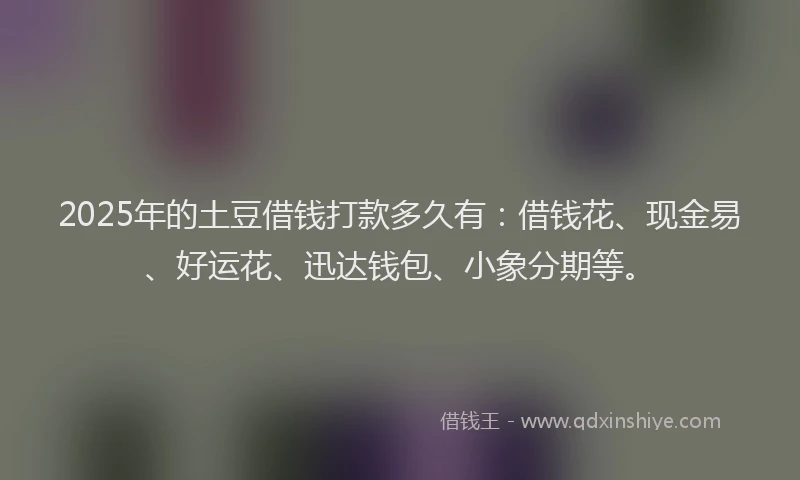 2025年的土豆借钱打款多久有：借钱花、现金易、好运花、迅达钱包、小象分期等。