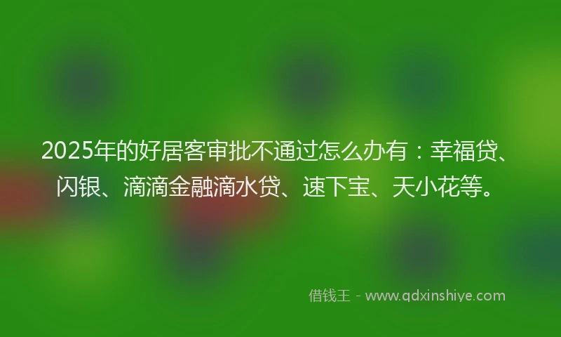 2025年的好居客审批不通过怎么办有：幸福贷、闪银、滴滴金融滴水贷、速下宝、天小花等。