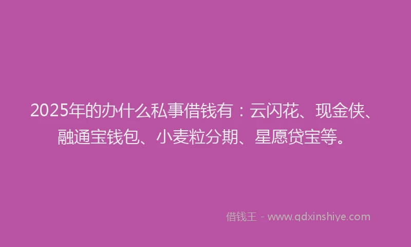 2025年的办什么私事借钱有：云闪花、现金侠、融通宝钱包、小麦粒分期、星愿贷宝等。