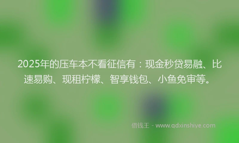 2025年的压车本不看征信有：现金秒贷易融、比速易购、现租柠檬、智享钱包、小鱼免审等。