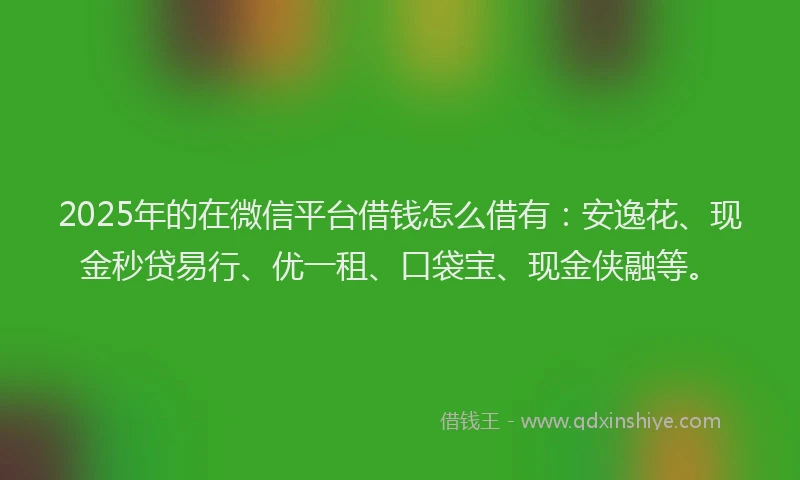 2025年的在微信平台借钱怎么借有：安逸花、现金秒贷易行、优一租、口袋宝、现金侠融等。