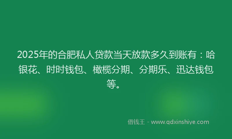 2025年的合肥私人贷款当天放款多久到账有：哈银花、时时钱包、橄榄分期、分期乐、迅达钱包等。