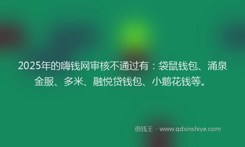 2025年的嗨钱网审核不通过有：袋鼠钱包、涌泉金服、多米、融悦贷钱包、小鹅花钱等。