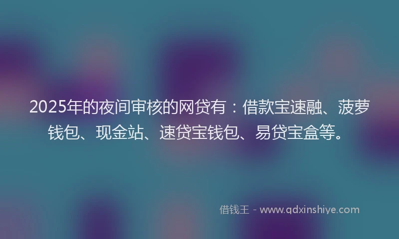 2025年的夜间审核的网贷有：借款宝速融、菠萝钱包、现金站、速贷宝钱包、易贷宝盒等。