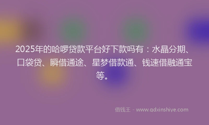 2025年的哈啰贷款平台好下款吗有：水晶分期、口袋贷、瞬借通途、星梦借款通、钱速借融通宝等。
