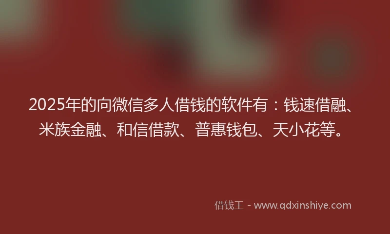 2025年的向微信多人借钱的软件有：钱速借融、米族金融、和信借款、普惠钱包、天小花等。