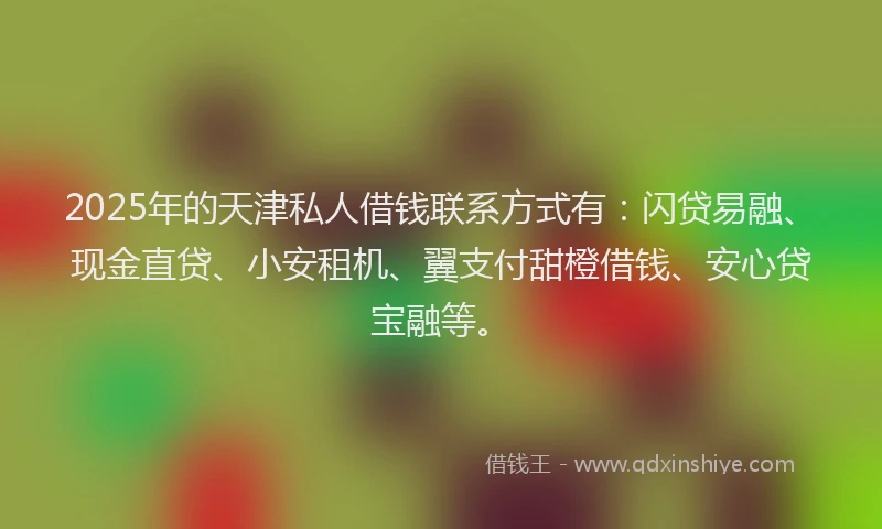 2025年的天津私人借钱联系方式有：闪贷易融、现金直贷、小安租机、翼支付甜橙借钱、安心贷宝融等。