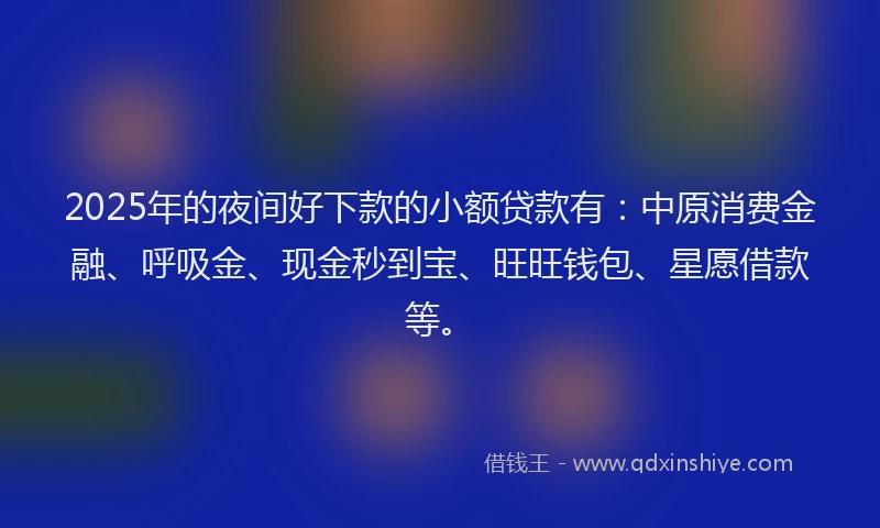 2025年的夜间好下款的小额贷款有：中原消费金融、呼吸金、现金秒到宝、旺旺钱包、星愿借款等。