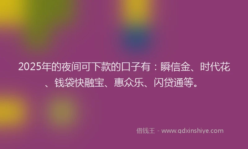 2025年的夜间可下款的口子有：瞬信金、时代花、钱袋快融宝、惠众乐、闪贷通等。