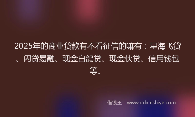 2025年的商业贷款有不看征信的嘛有：星海飞贷、闪贷易融、现金白鸽贷、现金侠贷、信用钱包等。