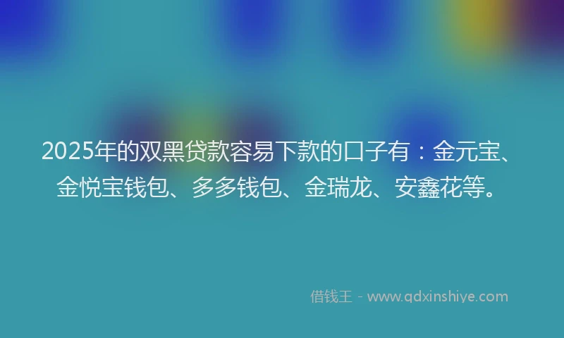 2025年的双黑贷款容易下款的口子有：金元宝、金悦宝钱包、多多钱包、金瑞龙、安鑫花等。