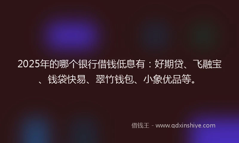 2025年的哪个银行借钱低息有：好期贷、飞融宝、钱袋快易、翠竹钱包、小象优品等。
