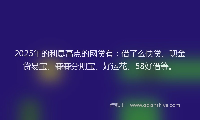 2025年的利息高点的网贷有：借了么快贷、现金贷易宝、森森分期宝、好运花、58好借等。